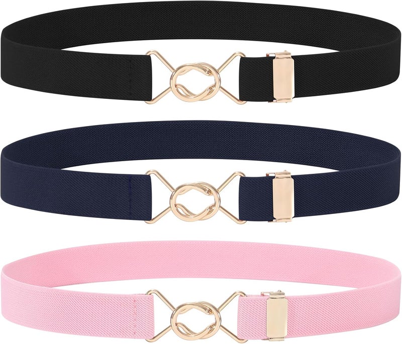 Kajeer Kids Elastic Belt for Girls,3 Pack Youth Belts Stretch Adjustable Gold Round buckle Toddler Belts for Uniform Casual - Image 1